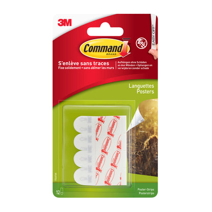 A package of Command™ Poster Strips 17024 from 3M Deutschland GmbH contains four white strips with red branding, labeled in multiple languages - perfect for hanging posters without damaging the walls.