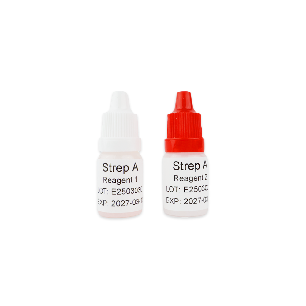 Two vials from the Altruan Strep A - Bisaf Professional 25 Tests kit, labeled "Strep A Reagent 1" (white cap) and "Strep A Reagent 2" (red cap), show batch and expiration dates for the throat swab rapid test.