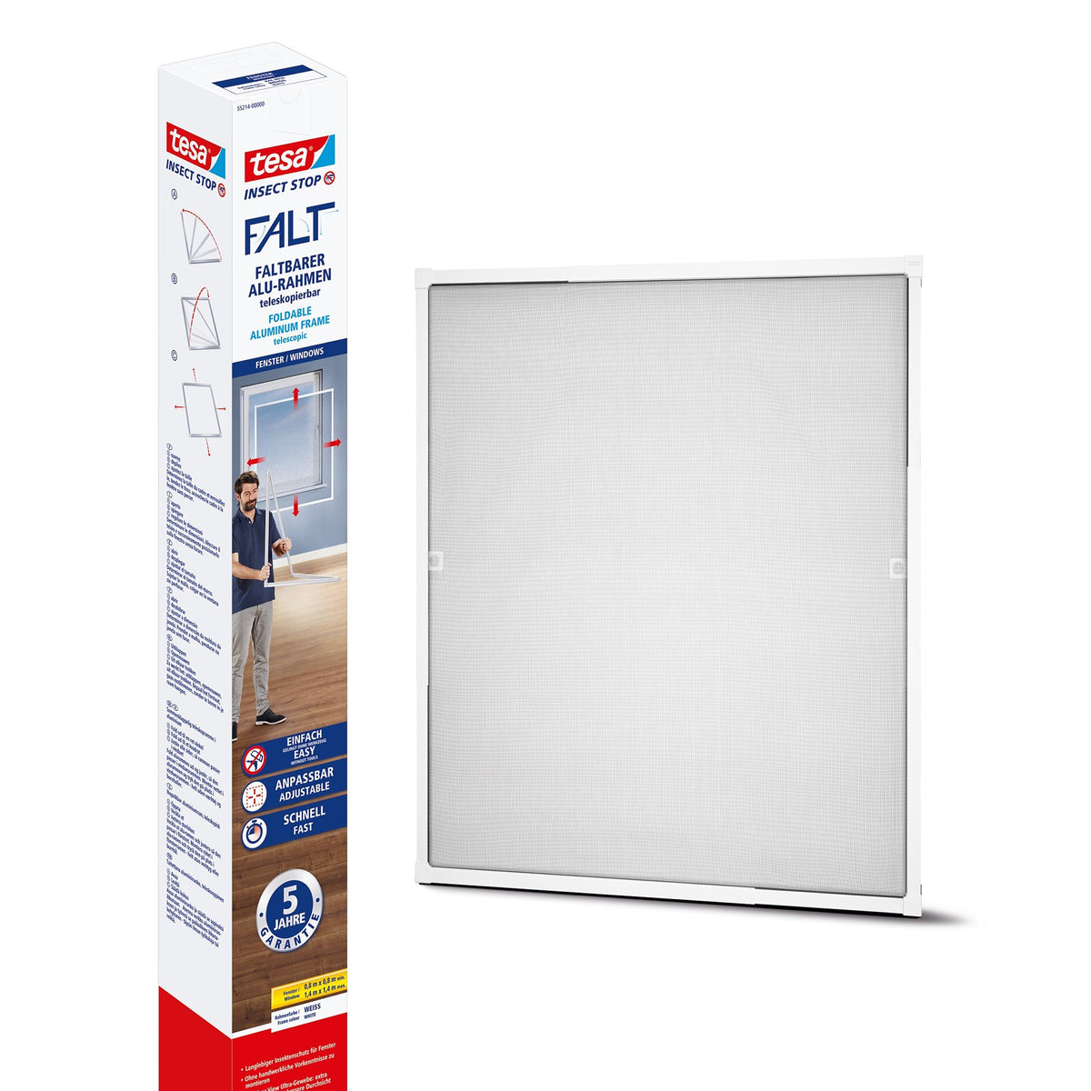 tesa FALT Foldable Aluminum Frame, Telescopic, for Windows, 140 x 140 cm, White