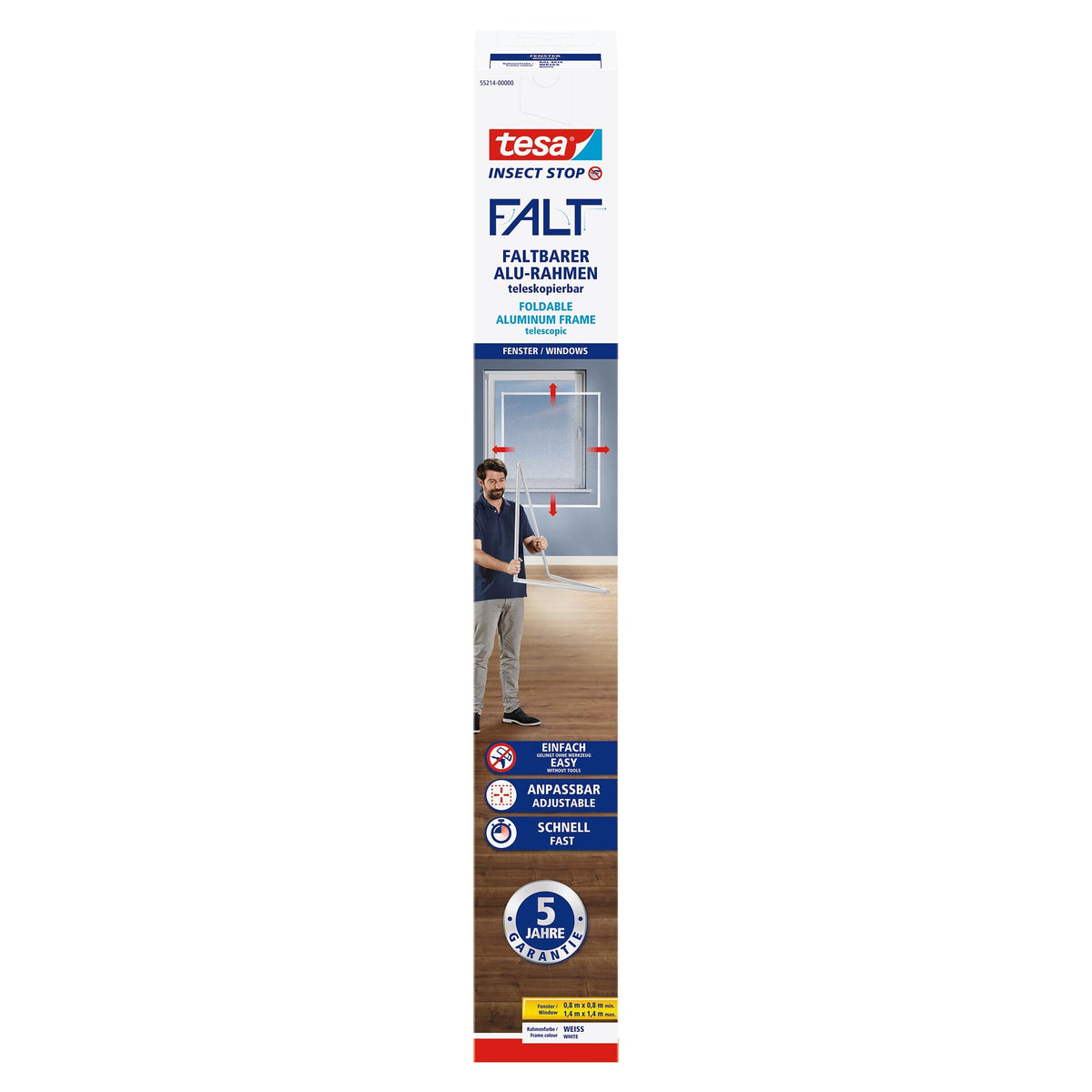 tesa FALT Foldable Aluminum Frame, Telescopic, for Windows, 140 x 140 cm, White