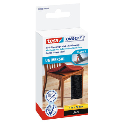 tesa On & Off Hook-and-Loop Tape for sticking and sewing on, 1 m x 20 mm, black