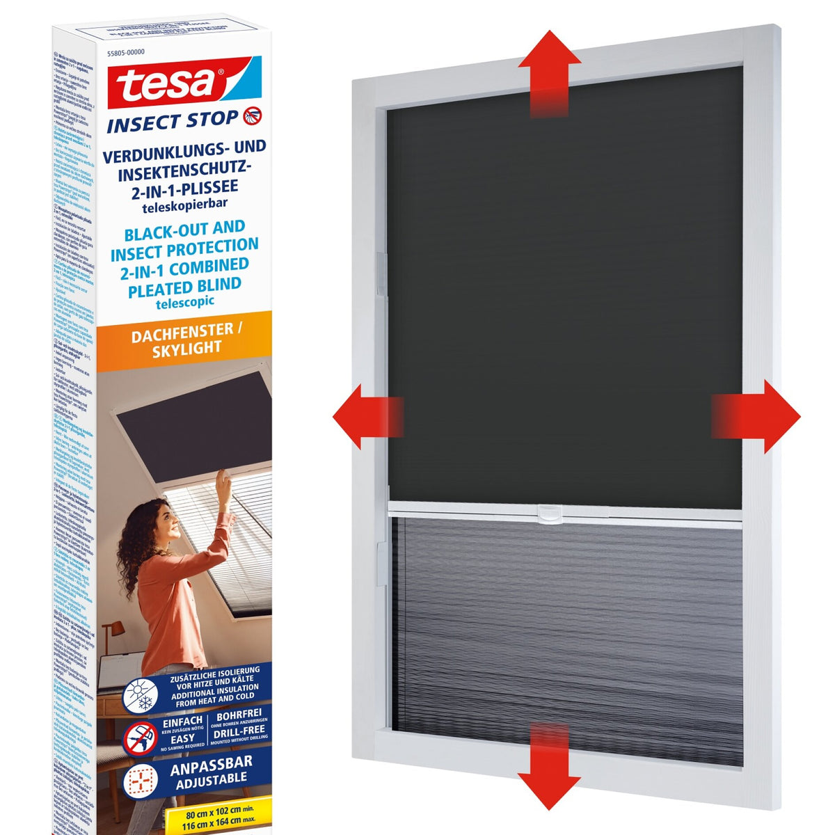 tesa Insect-Duo Pleated Screen for Roof Windows, Sunshade, 102 x 164 cm, white