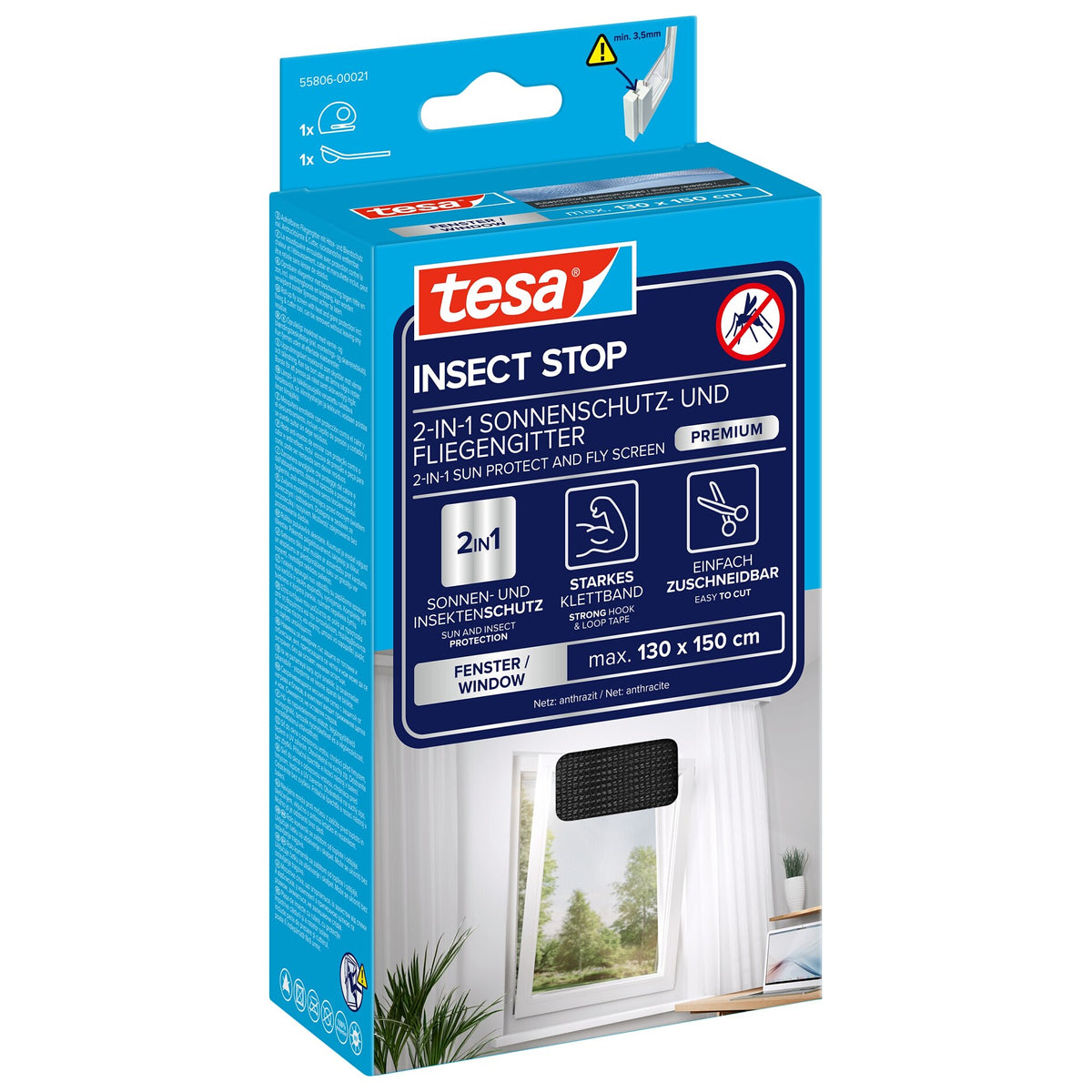 tesa INSECT STOP 2-in-1 Premium Sunshade and Fly Screen for Windows, 130 x 150 cm, black