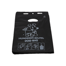 Der DEISS 55810 Hundekotbeutel der EMIL DEISS KG ist ein schwarzer, umweltfreundlicher Hundekotbeutel (250x310+30x0,015 mm) mit Cartoon-Hundemotiv, "HUNDEKOT-BEUTEL DOG-BAG"-Schriftzug, weißer Anleitung und praktischen Griffausschnitten; erhältlich in Kartons zu 2000 Stück.