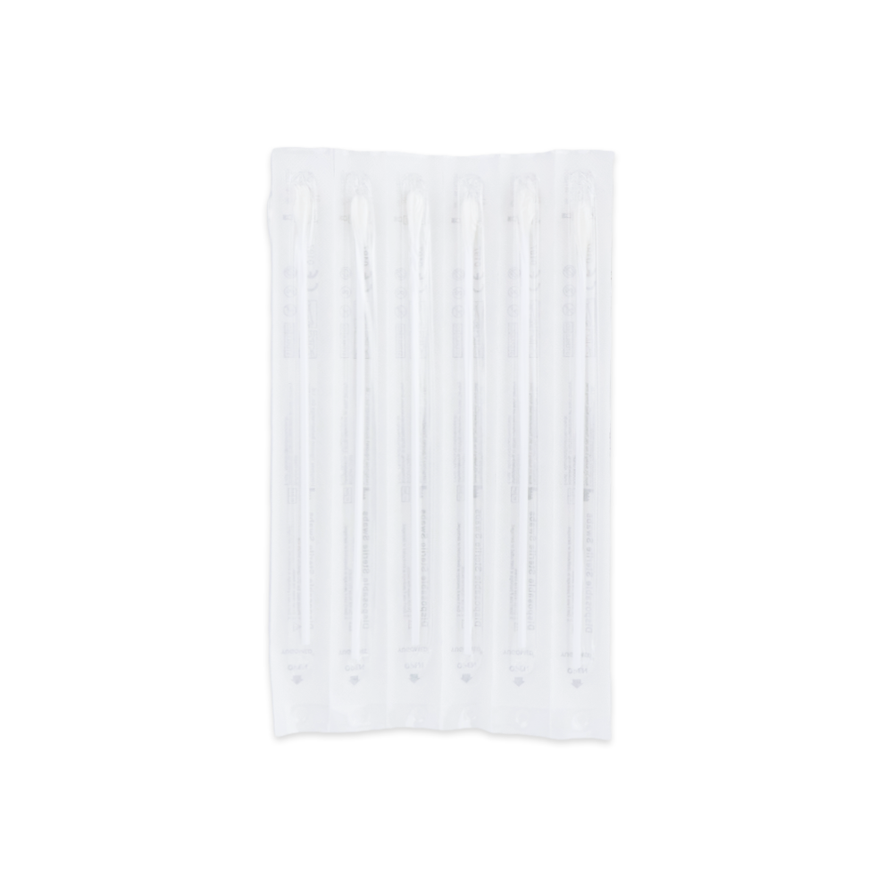 A sealed, clear plastic package with six individually wrapped swabs for throat swabs, arranged in a row - ideal for use with the Altruan Strep A - Bisaf Professional 25 Tests | Pack (25 pieces).