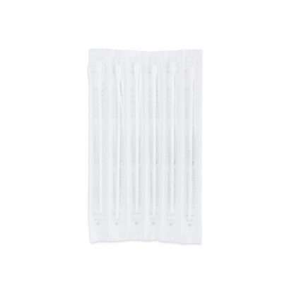 A sealed, clear plastic package with six individually wrapped swabs for throat swabs, arranged in a row - ideal for use with the Altruan Strep A - Bisaf Professional 25 Tests | Pack (25 pieces).