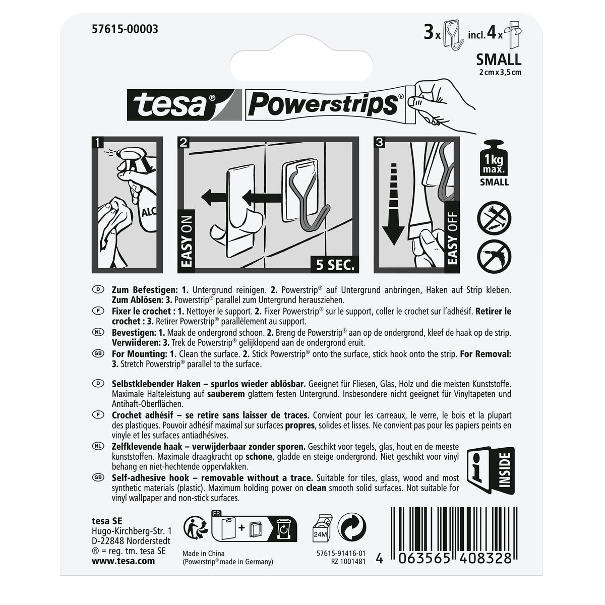 tesa Powerstrips Self-Adhesive Hooks with Removable Wire Hooks, White