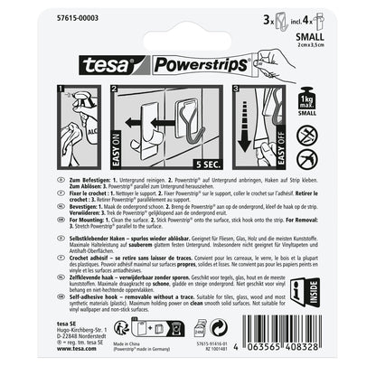 tesa Powerstrips Self-Adhesive Hooks with Removable Wire Hooks, White