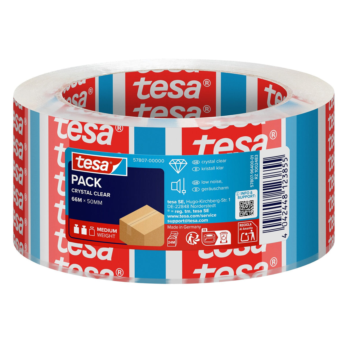 tesapack STRONG CRYSTAL CLEAR Packaging Tape, 66 m x 50 mm, transparent, with label