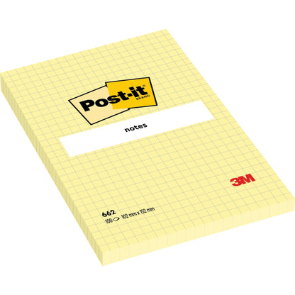 Ein gelber Post-it® Notes Block im Großformat (101 x 152 mm) mit Raster, 100 Blatt, von 3M Deutschland GmbH, Modell SGSCH-PEFC-COC-110078, 100% PEFC-zertifiziert.
