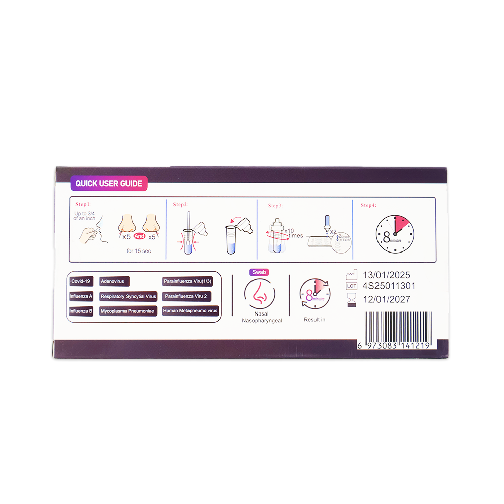The rectangular Altruan Combo 9in1 box shows an illustrated guide for the DVOT Professional Test, listing the detectable viruses (SARS-CoV-2, Influenza A+B, RSV, Adenovirus, hMPV, PIV 1/3 & 2, Mycoplasma), the result time, expiration date, batch number, and barcode.