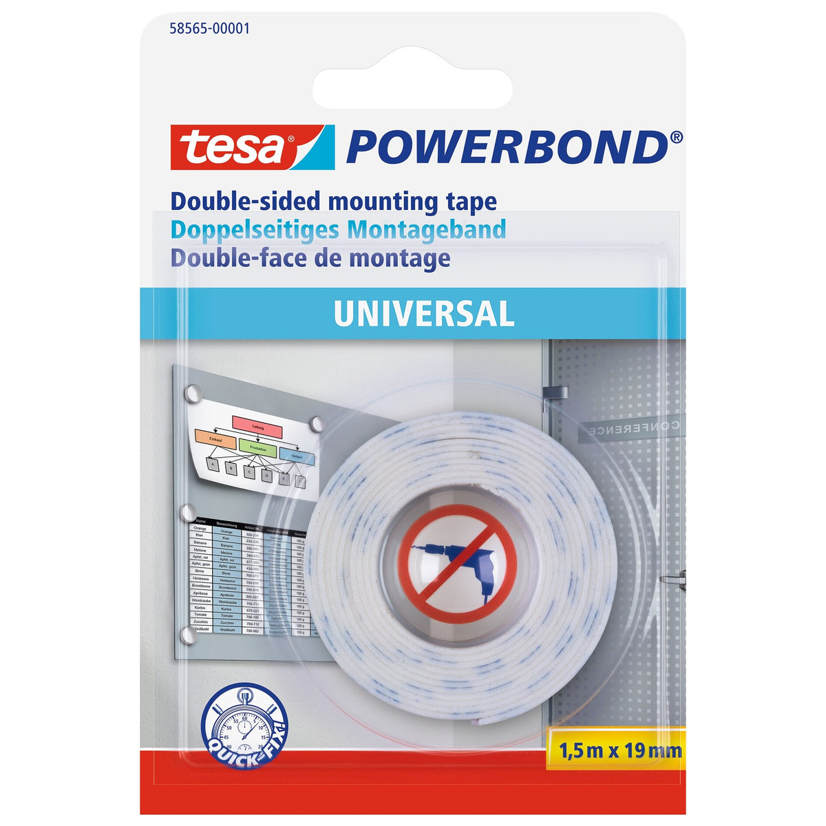 tesa Powerbond Universal Office Mounting Tape, 1.5 m x 19 mm, clear