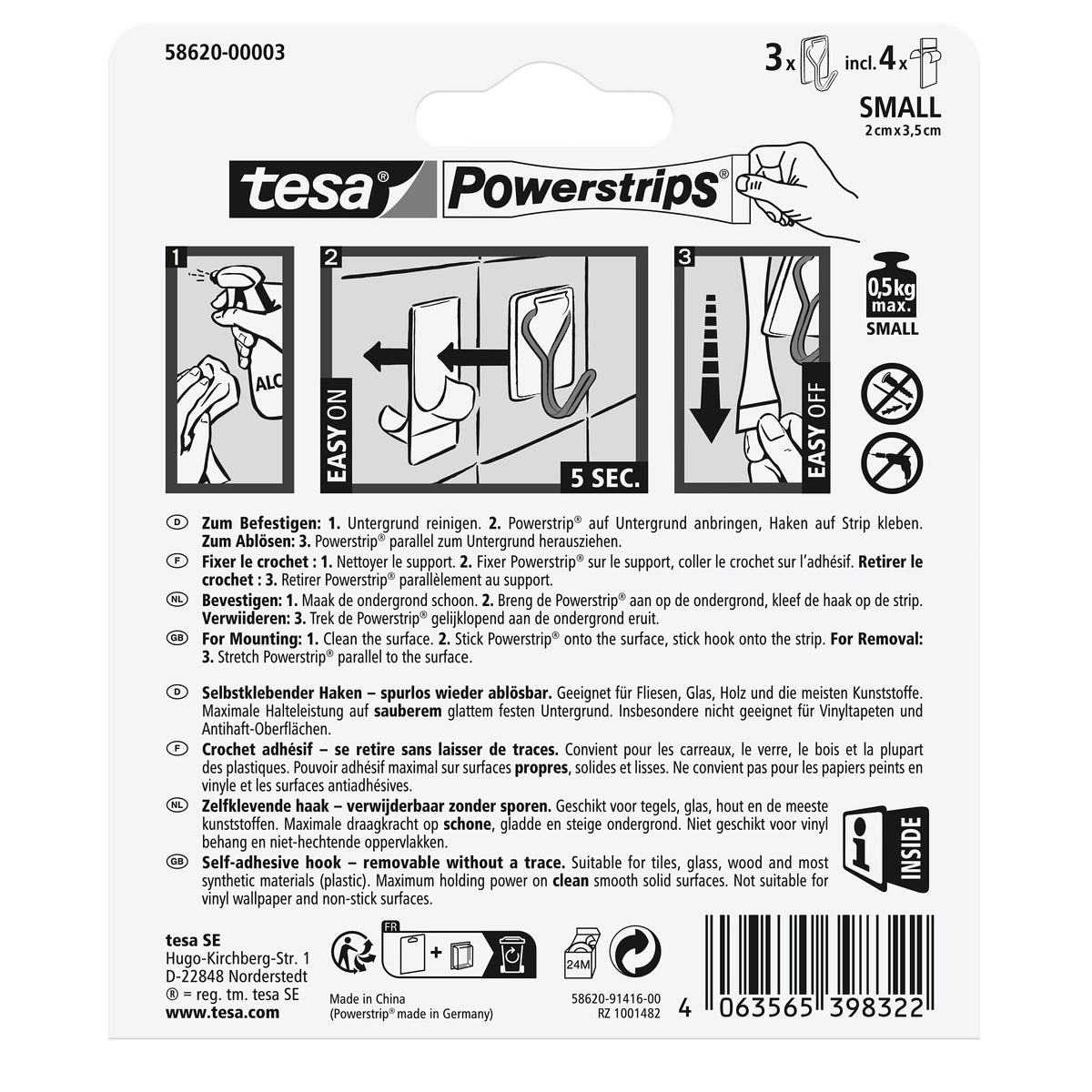 tesa Powerstrips Self-Adhesive Hooks with Removable Wire Hooks, Clear