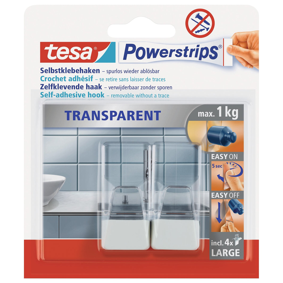 tesa Powerstrips Transparent Hooks, LARGE, transparent