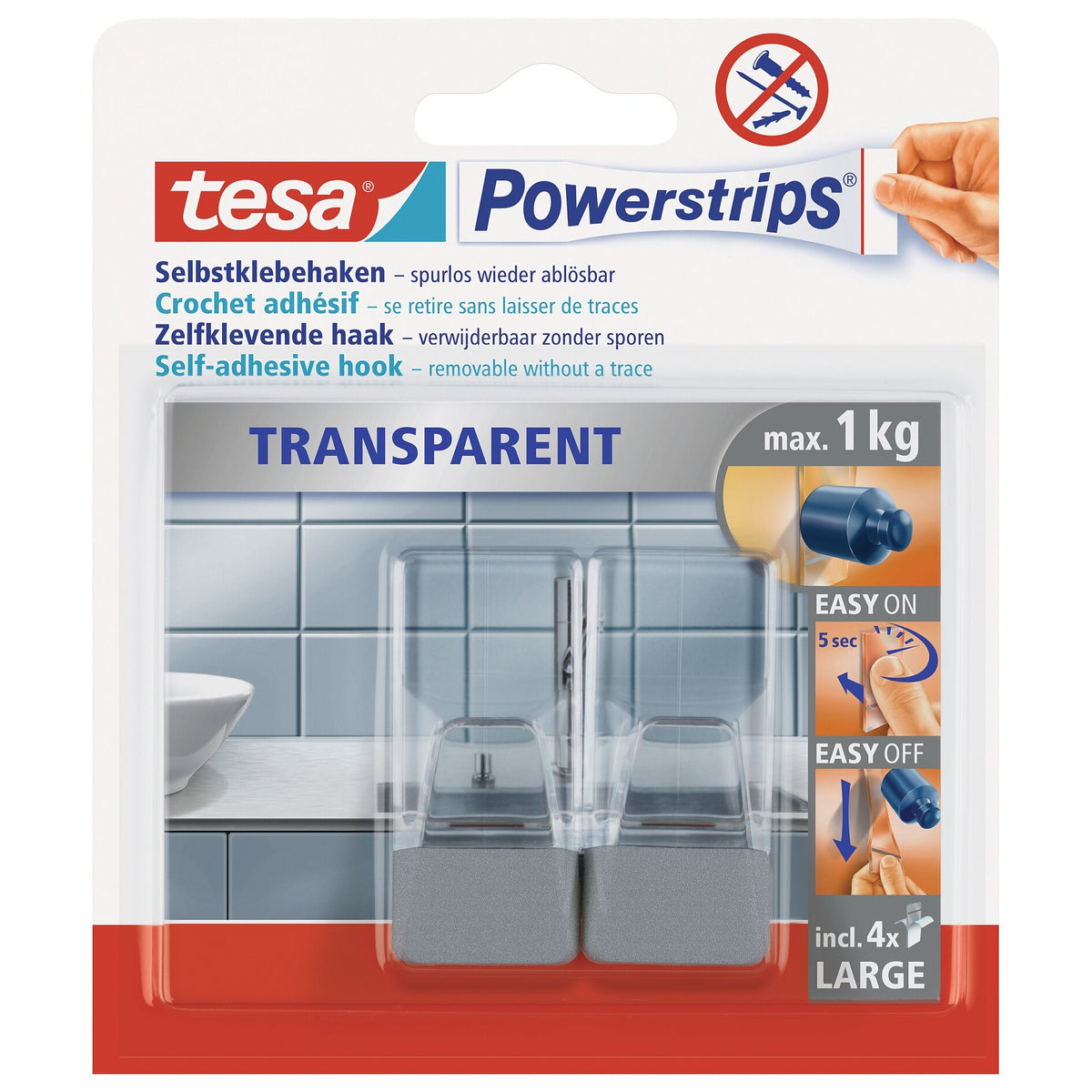 tesa Powerstrips Clear Hooks, LARGE, Matte Chrome