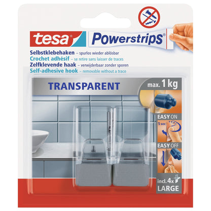 tesa Powerstrips Clear Hooks, LARGE, Matte Chrome