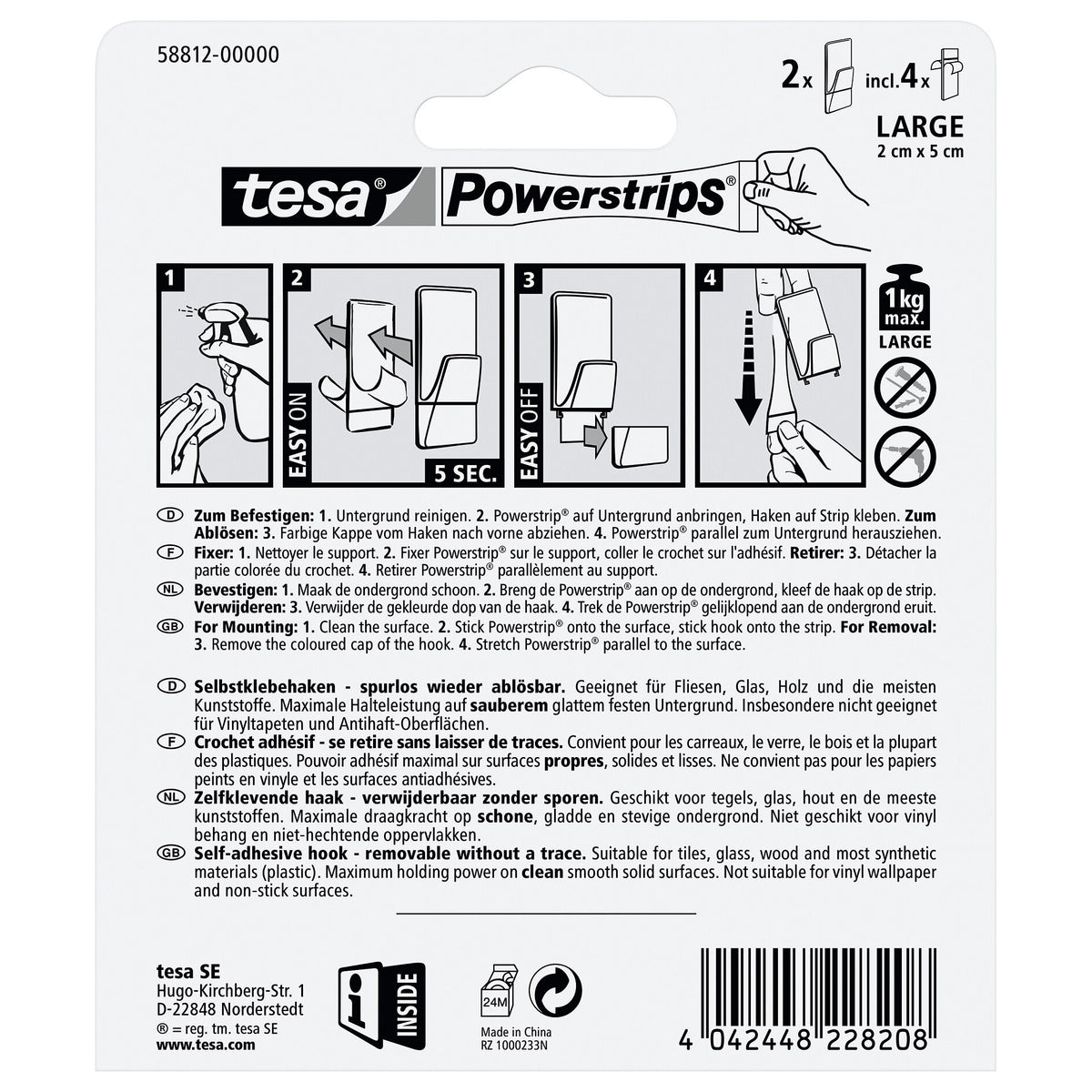 tesa Powerstrips Clear Hooks, LARGE, Matte Chrome