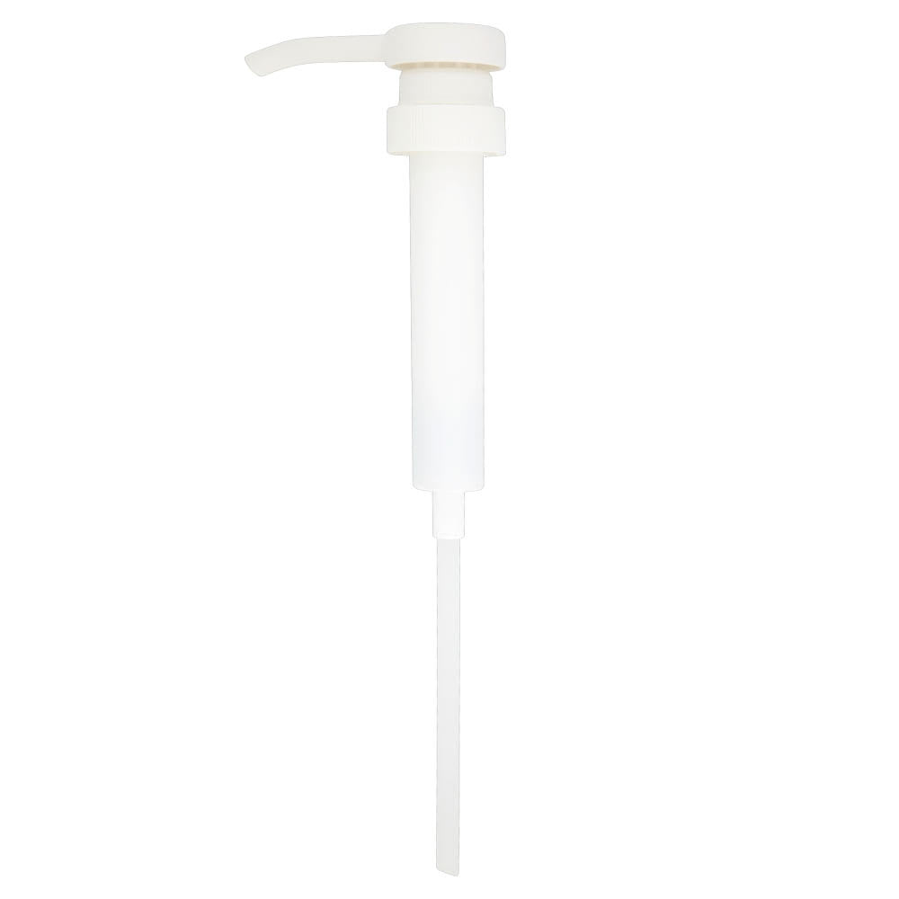A white plastic hand pump for 5L canisters (1 piece, 1ml stroke) from Diversey Deutschland GmbH & Co. OHG, ideal for direct hand dosing, with a long dip tube and photographed on a plain white background.