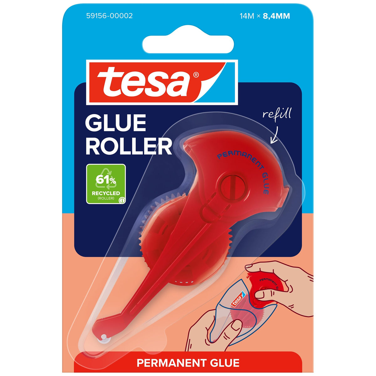 tesa GLUE ROLLER Permanent, transparent, refill, ecoLogo, 14 m x 8.4 mm, Item No. 59156-00002-06