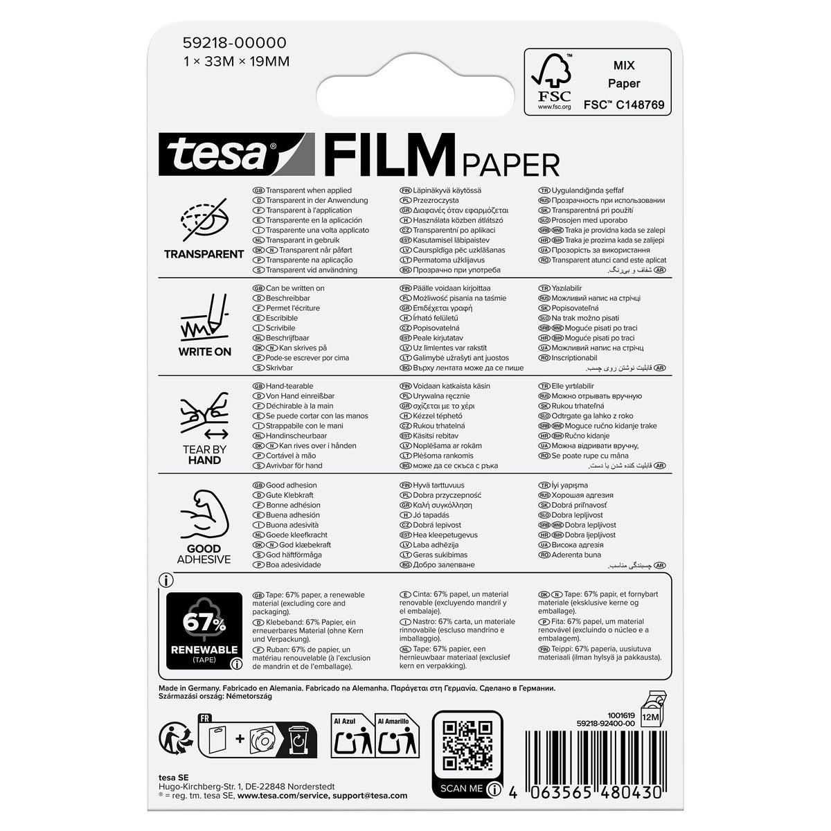 tesafilm PAPER, transparent, in a blister pack, 33 m x 19 mm