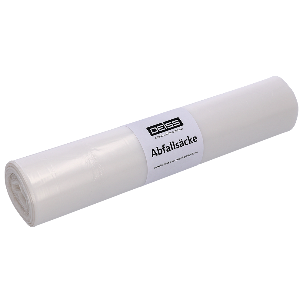 Léirítear rolla mála trédhearcach bruscar DEISS 59701 (575x1000x0,018 mm, 50 píosa) ó EMIL DEISS KG (GmbH + Co.) os comhair cúlra simplí geal.