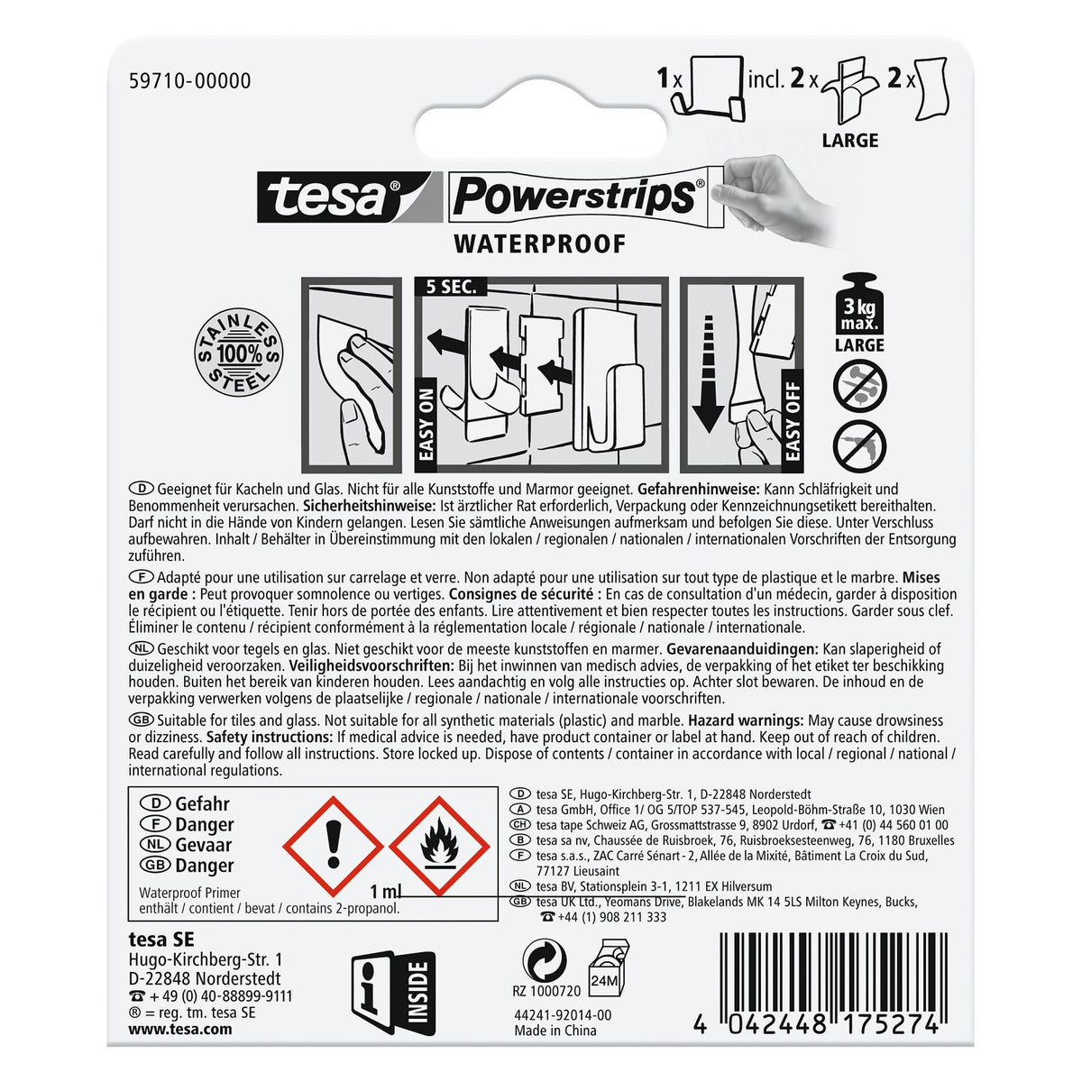 tesa Powerstrips Waterproof Duo Hook Zoom, Metal, White