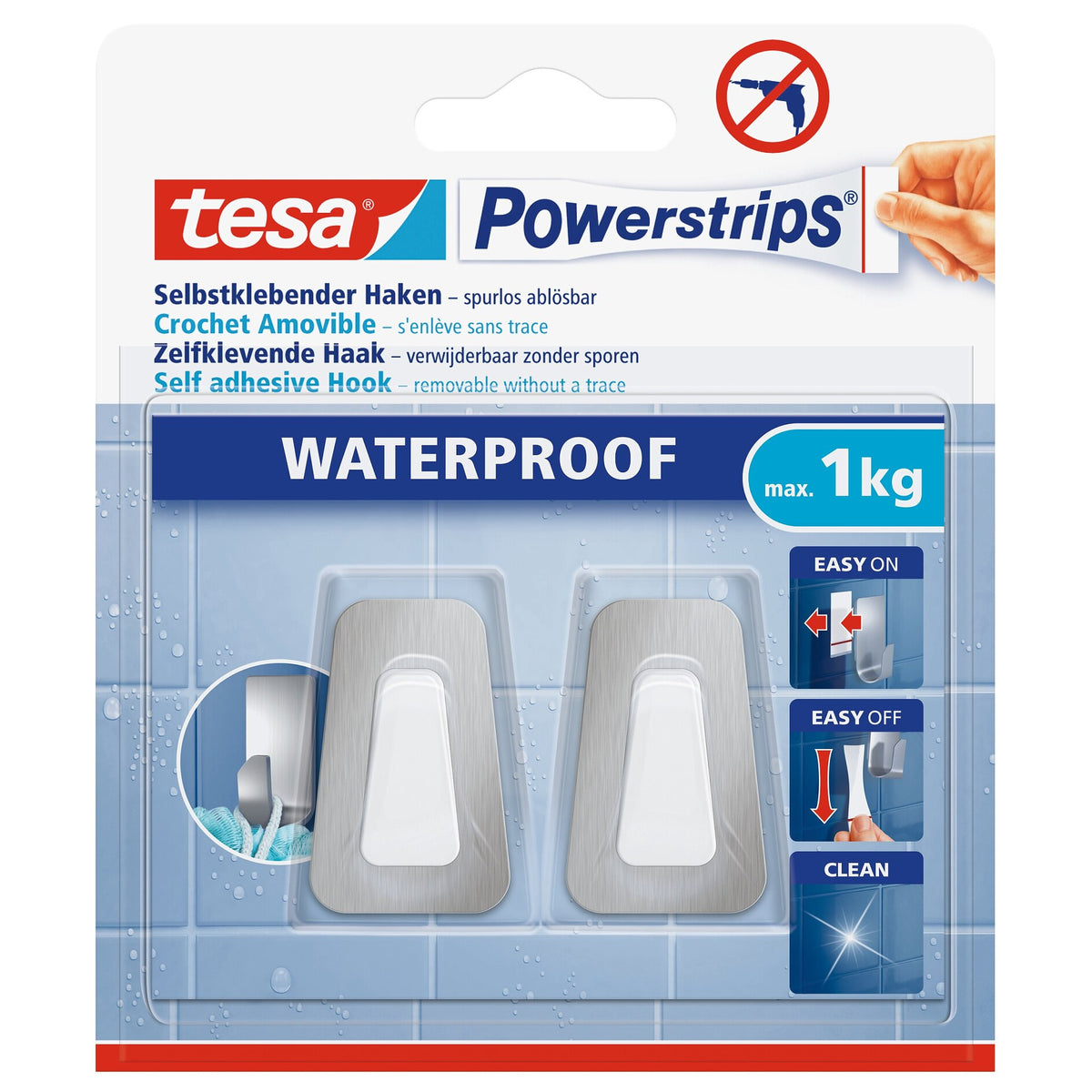 tesa Powerstrips Hooks, Waterproof S, Metal-Plastic, White