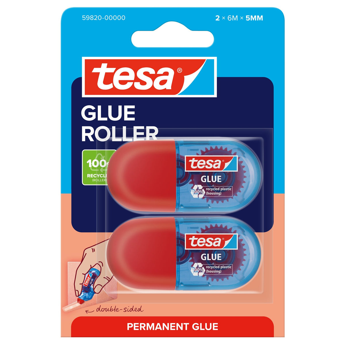 tesa GLUE ROLLER Permanent Mini, 6 m x 5 mm, transparent, im Blister