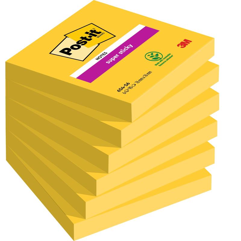 A pack of six rectangular Post-it® Notes in yellow, 76 x 76 mm, 90 sheets per block from 3M Deutschland GmbH. The top block is labeled with a magenta "Super Sticky" label. Made from 100% PEFC-certified paper (SGSCH-PEFC-COC-110078).