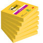 A pack of six rectangular Post-it® Notes in yellow, 76 x 76 mm, 90 sheets per block from 3M Deutschland GmbH. The top block is labeled with a magenta "Super Sticky" label. Made from 100% PEFC-certified paper (SGSCH-PEFC-COC-110078).
