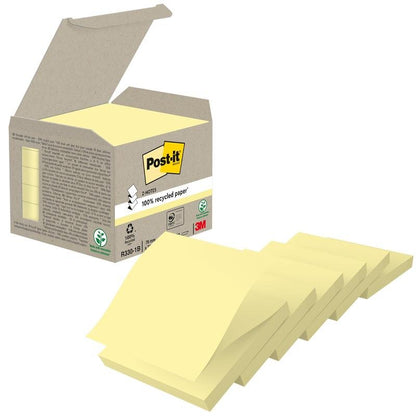 A box of 3M Post-it® Recycling Z-Notes, Yellow, 76x76 mm, 100 sheets/block, 6 blocks/pack (100% PEFC certified by SGSCH-PEFC-COC-110078), features yellow eco-friendly notes and the Post-it branding.
