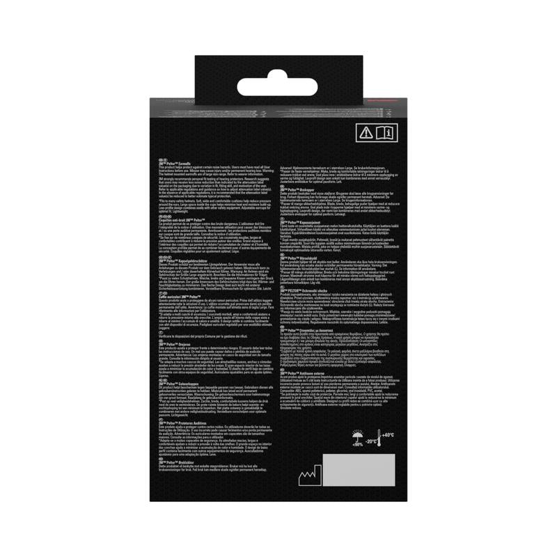 The image shows the back of a black 3M™ PELTOR™ Optime™ I Earmuff for Safety Helmet H510P3E box by 3M Deutschland GmbH, SNR 26 dB, in yellow. White text in multiple languages, safety symbols, and a temperature range graphic are visible.