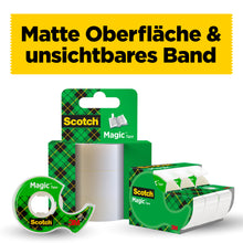 Ein Display von 3M Deutschland GmbH's Scotch® Magic™ Unsichtbares Klebeband (2 Rollen, 19mm x 12m + 3,2m GRATIS & 1 Handabroller), mit deutschem Text "Matte Oberfläche & unsichtbares Klebeband" auf gelbem Hintergrund.