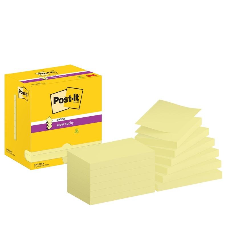 On the left is a yellow box with 3M Post-it® Super Sticky Z-Notes (76x127 mm, 90 sheets/block, 12 blocks/pack, PEFC-certified) pictured, next to it are unlined rectangular notes.