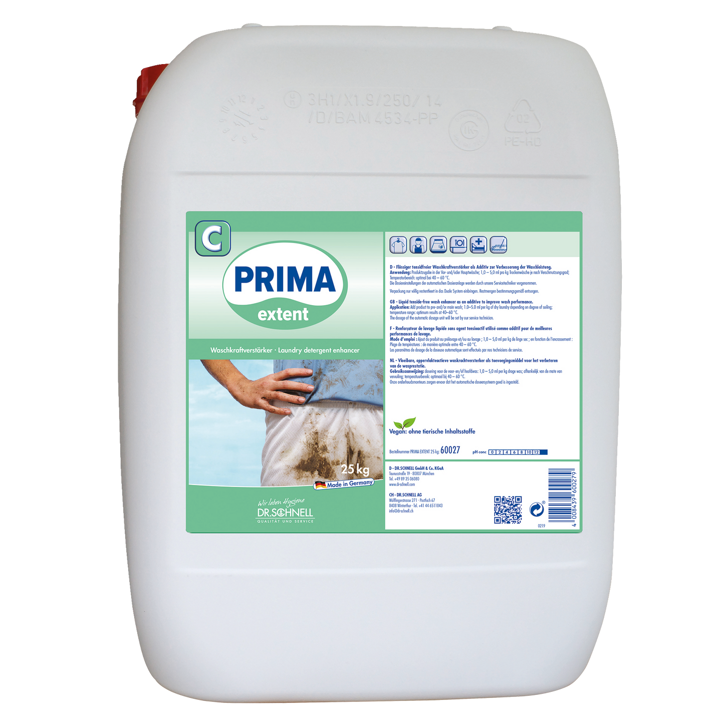 Ein weißer Kunststoffbehälter mit 25 kg Dr. Schnell PRIMA EXTENT Waschmittelverstärker von DR.SCHNELL GmbH & Co. KGaA, entwickelt für die professionelle Reinigung, mit dem Bild eines schmutzigen Hemdes und mehrsprachigen Anweisungen auf dem Etikett.