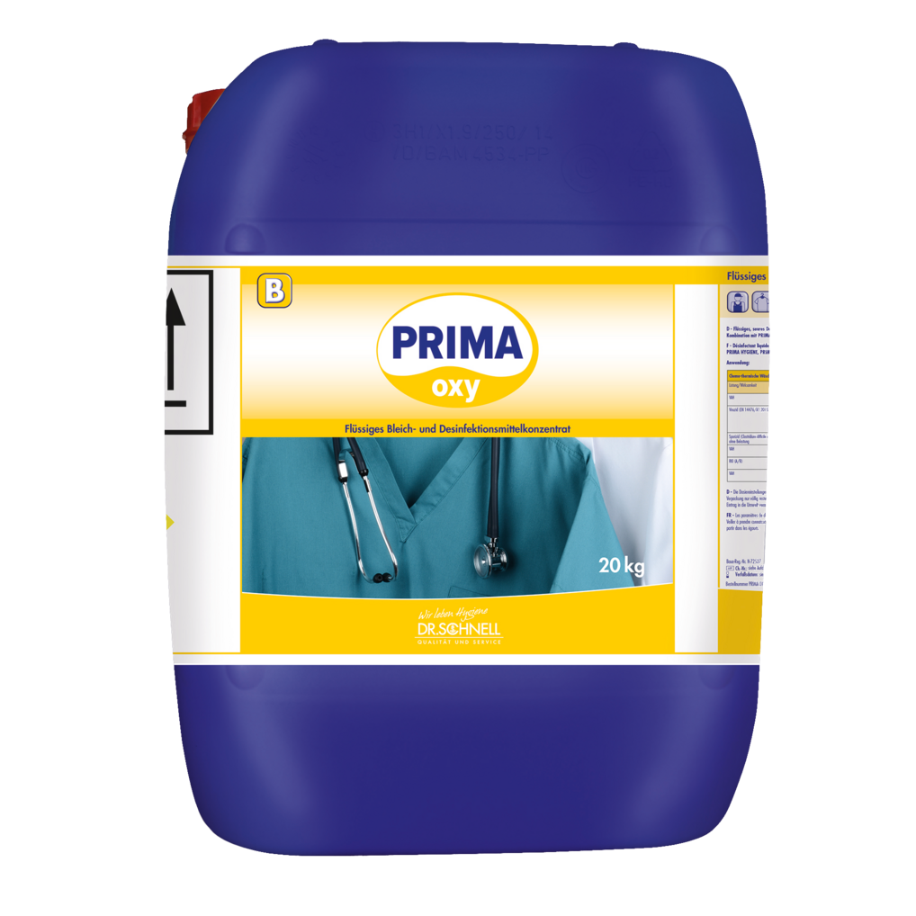 Ein großer blauer 20 kg Dr. Schnell PRIMA OXY Wäschedesinfektion automatische Dosierung Behälter der DR.SCHNELL GmbH & Co. KGaA für die professionelle Wäschedesinfektion, mit medizinischer Motivik, zur Verwendung als flüssiges Bleich- und Desinfektionsmittelkonzentrat.