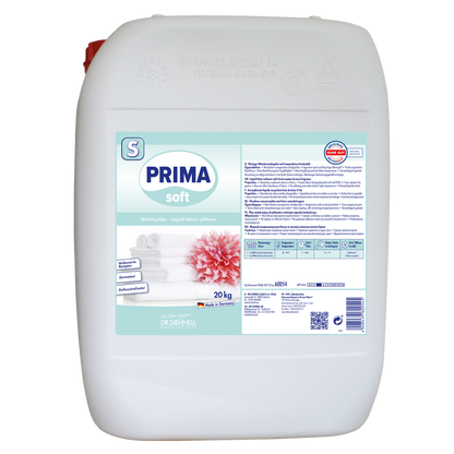 Ein weißer 20-kg-Kunststoffbehälter von Dr. Schnell PRIMA SOFT soft Weichspüler der DR.SCHNELL GmbH & Co. KGaA, mit einem blau-weißen Etikett mit gefalteten Handtüchern, einer rosafarbenen Blume und Produktangaben in deutscher Sprache.