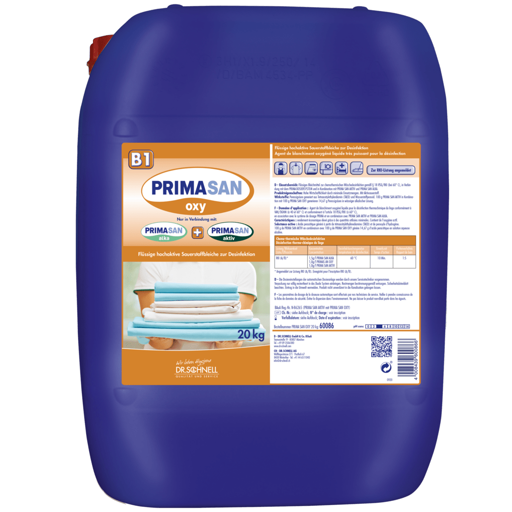 A large blue 20 kg plastic container labeled "Dr. Schnell PRIMA SAN OXY" by DR.SCHNELL GmbH & Co. KGaA, with product information, hygiene instructions, images of folded towels on the front label, a red cap, and used as a disinfectant.