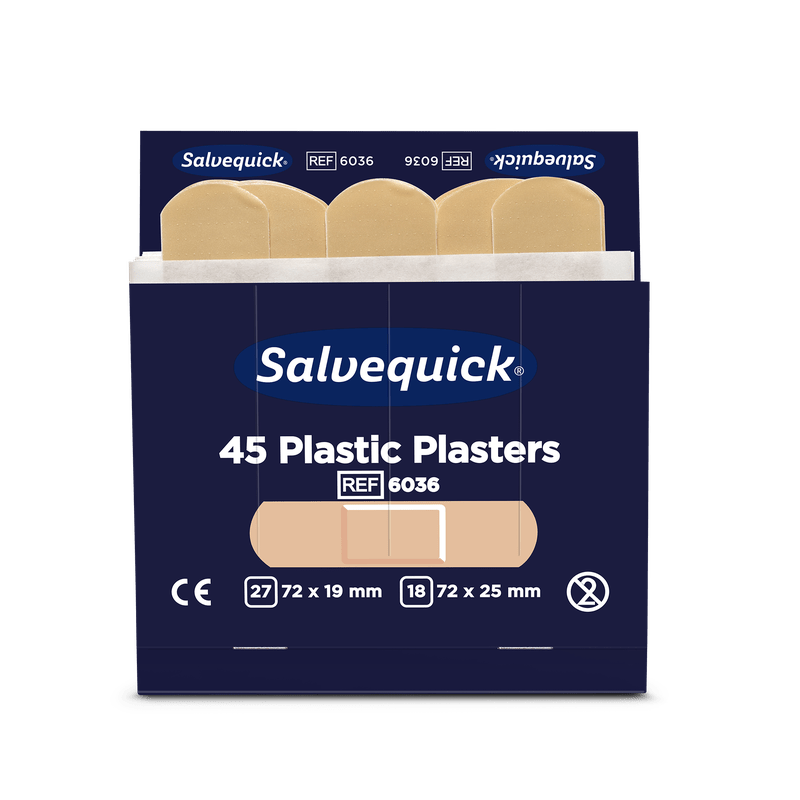 A box of Orkla Wound Care AB plastic bandages, 45 pieces/refill (6 packs), with four beige bandages. The pack offers two flexible wound care sizes: 27 x 72 × 19 mm and 18 x 72 × 25 mm.