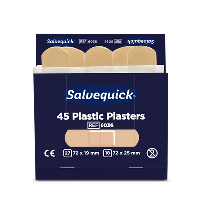 A box of Orkla Wound Care AB plastic bandages, 45 pieces/refill (6 packs), with four beige bandages. The pack offers two flexible wound care sizes: 27 x 72 × 19 mm and 18 x 72 × 25 mm.