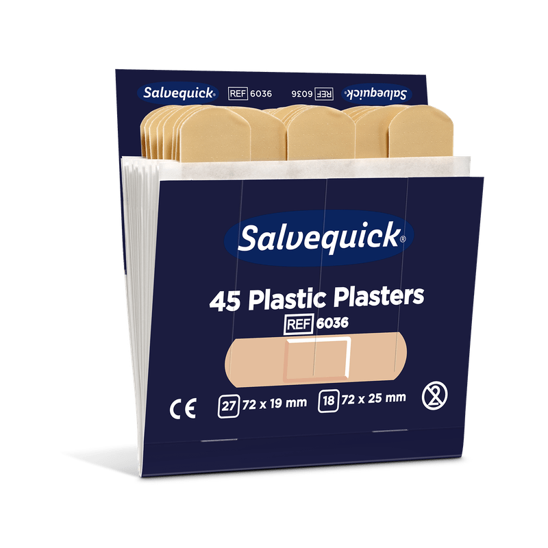 In a partially opened Orkla Wound Care AB plastic bandage 45 pieces/refill (6 pieces) there are 27 bandages of 72x19mm and 18 of 72x25mm, allowing for convenient wound care.