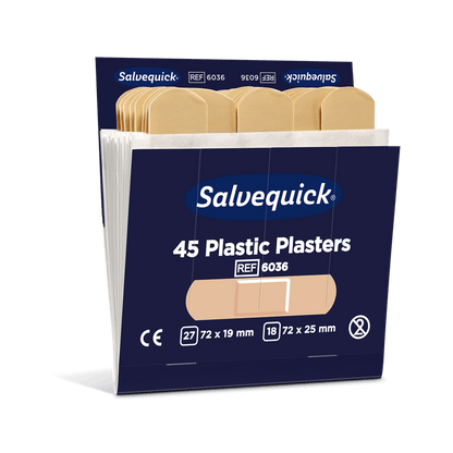 In a partially opened Orkla Wound Care AB plastic bandage 45 pieces/refill (6 pieces) there are 27 bandages of 72x19mm and 18 of 72x25mm, allowing for convenient wound care.