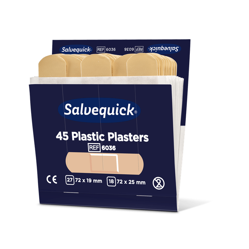 An opened box of Orkla Wound Care AB plastic bandages, 45 pieces/refill | pack (6 pieces), contains beige bandages with product details, size, and certification symbols on a dark blue packaging.