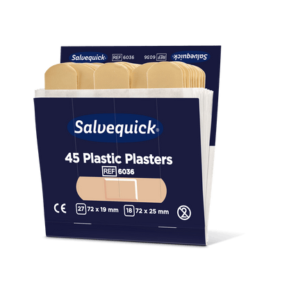 An opened box of Orkla Wound Care AB plastic bandages, 45 pieces/refill | pack (6 pieces), contains beige bandages with product details, size, and certification symbols on a dark blue packaging.