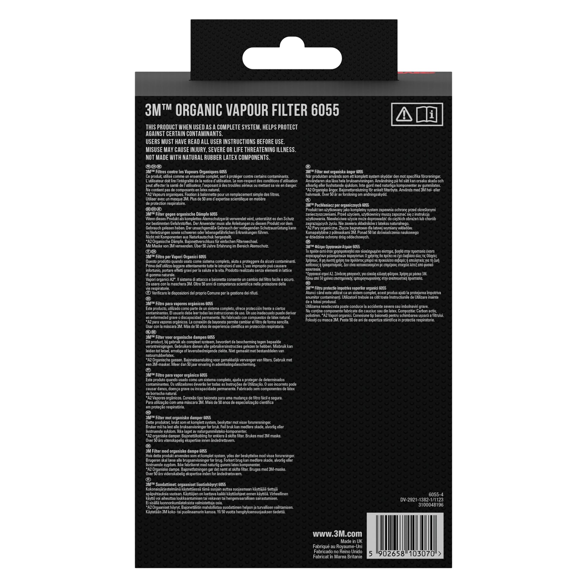 Rückansicht der Verpackung der 3M™ Filterpatrone 6055, A2 Organische Dämpfe von 3M Deutschland GmbH mit mehrsprachigen Anweisungen, Produktinformationen, Warnhinweisen, einem Strichcode und einer Website auf einer schwarzen Verpackung mit weißem Text.