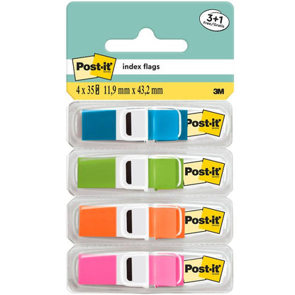 A pack of 3M Post-it® Index Tabs, Mini, in 4 transparent colors (blue, green, orange, pink), each in a clear dispenser with the Post-it® logo. The top label lists 35 flags/dispenser, size: 11.9 x 43.2 mm; 3+1 free per pack.