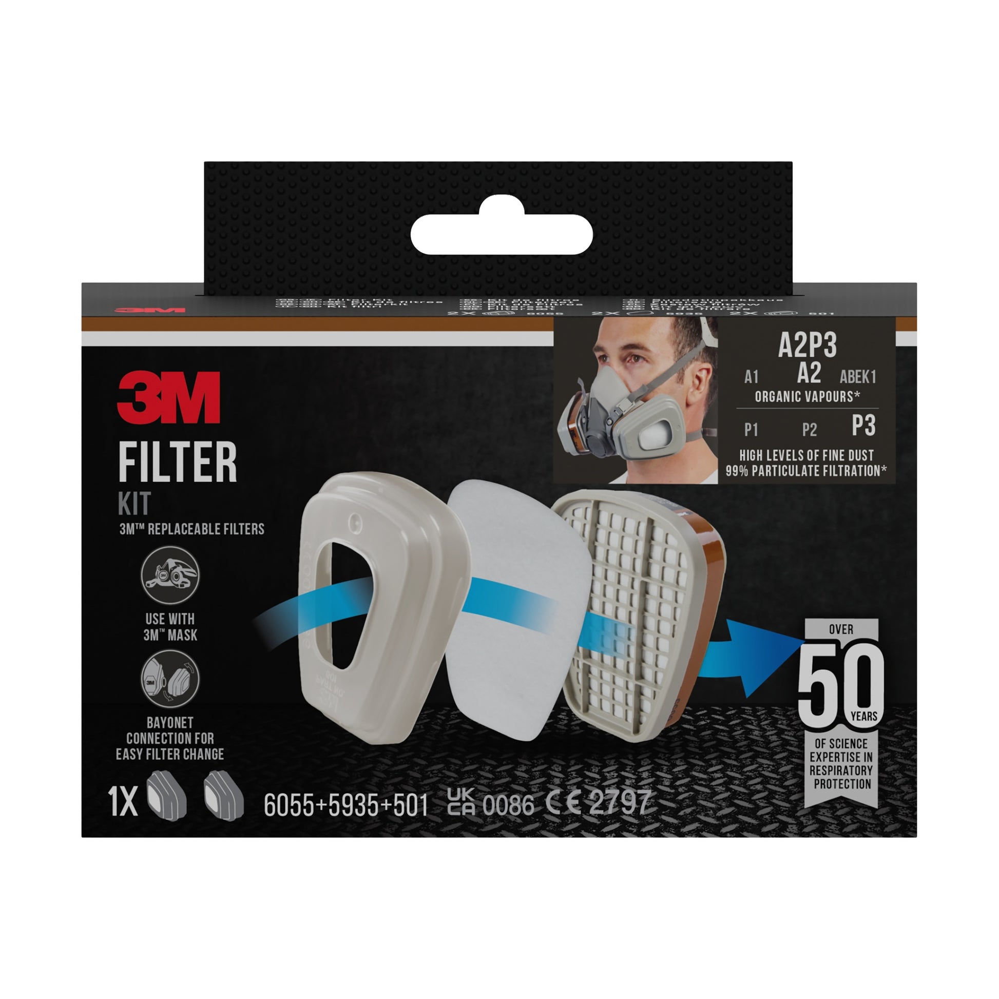 Der 3M™ Filtersatz 6003-1, A2P3 organische Dämpfe (2x6055, 2x5935, 2x501) von 3M Deutschland GmbH kommt in einer eleganten schwarz-roten Verpackung mit einer Darstellung der Filtermontage und einem Anwender mit Maske.