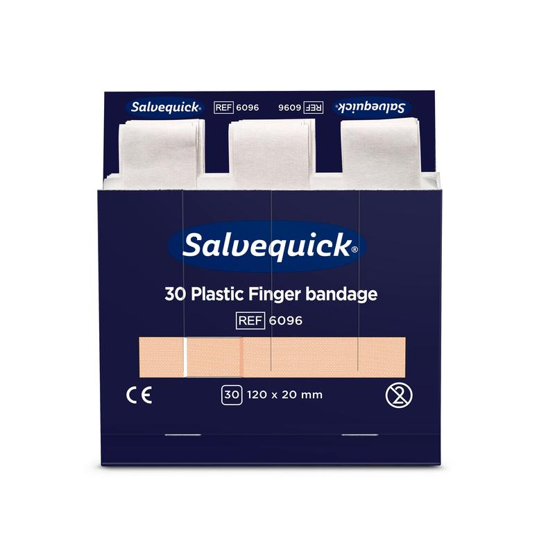 A blue-white box from Orkla Wound Care AB with the inscription "Plastic finger bandage, 120 x 20 mm, 30 pcs/mine | Pack (6 pieces)" with three beige bandages partially visible. The dimensions and certification symbols are also indicated on the packaging.