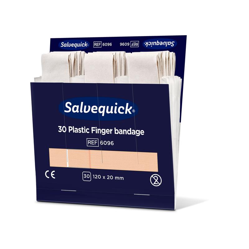 An open blue box from Orkla Wound Care AB contains 30 plastic finger bandages (120 x 20 mm), each standing upright. Pack: 6 pieces.