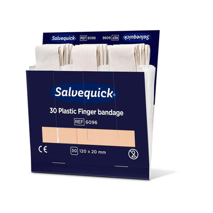 An open blue box from Orkla Wound Care AB contains 30 plastic finger bandages (120 x 20 mm), each standing upright. Pack: 6 pieces.